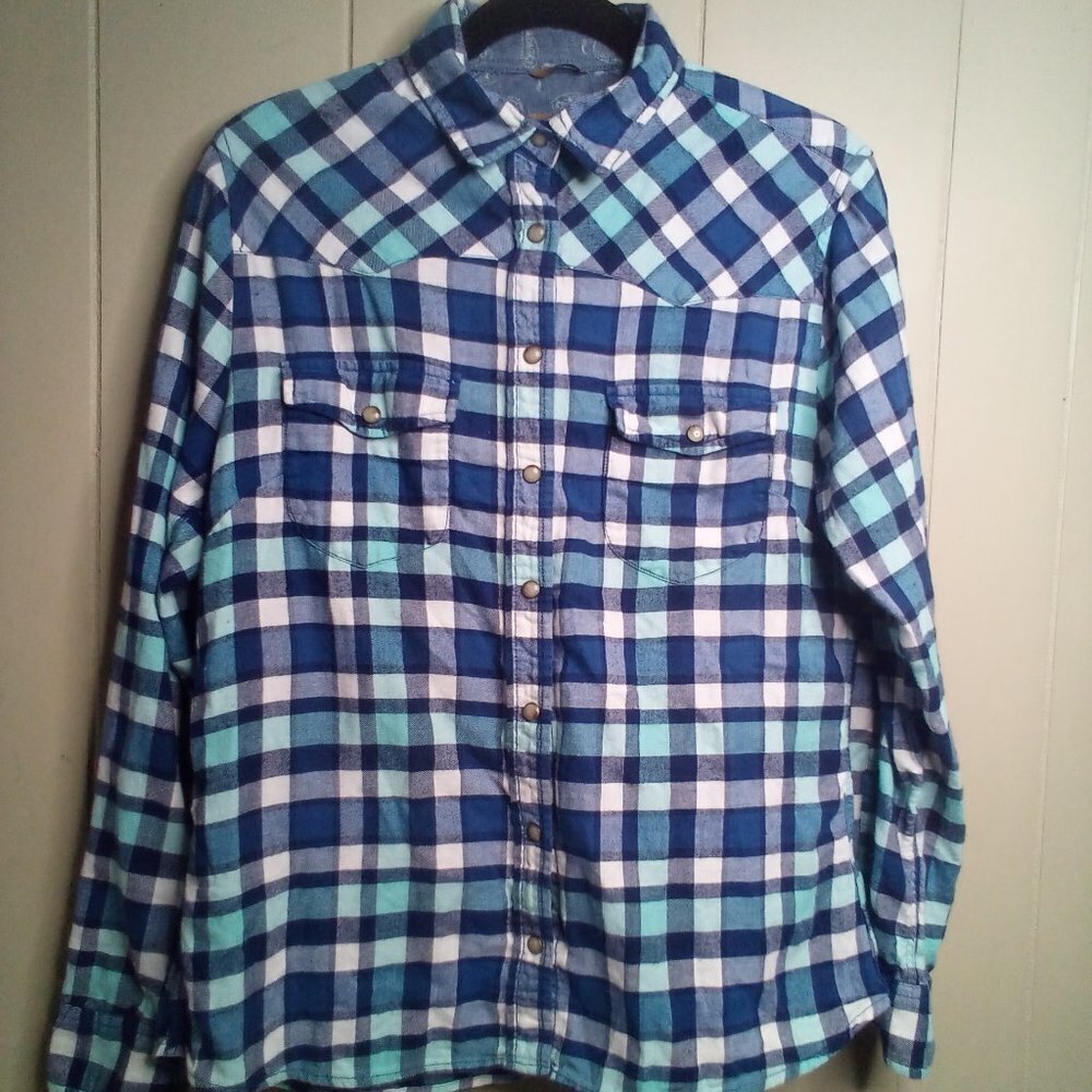 Jachs Pearl Snap Shirt S Plaid Western Blue Green